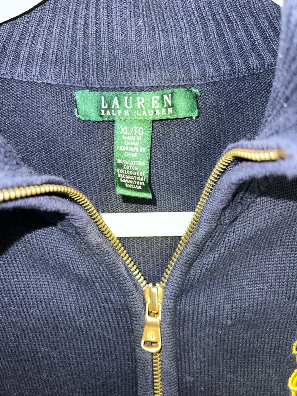Lauren Ralph Lauren Navy Knit Cardigan with Gold Crest & Gold Zipper size XL - Picture 4 of 8